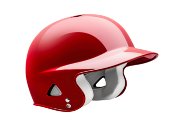 A sleek red baseball helmet sits prominently, showcasing its smooth surface and protective features for athletes engaged in batting and fielding.