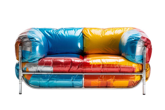 This striking inflatable couch features bold blue, yellow, and red colors, combining comfort and modern design, ideal for contemporary living spaces.