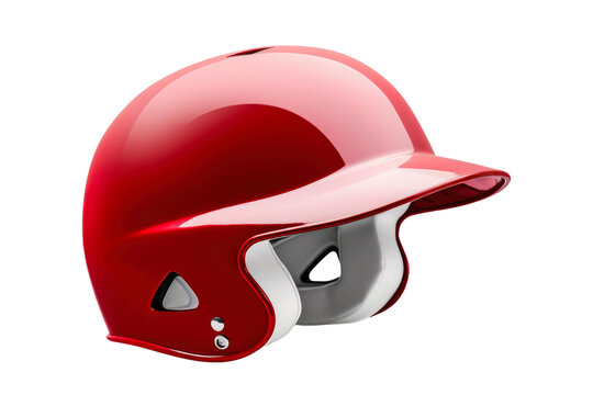 A sleek red baseball helmet sits prominently, showcasing its smooth surface and protective features for athletes engaged in batting and fielding.