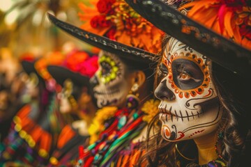 A group of people with colorful sugar skulls on their faces, perfect for Halloween or Day of the Dead celebrations