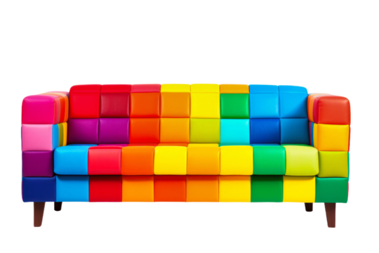 The modern couch showcases a playful design with colorful rainbow blocks, enhancing the aesthetic of any contemporary living space with its vibrant appeal.