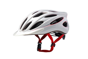 This bicycle helmet features a white exterior and red straps, ensuring protection and style for cyclists of all levels.