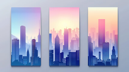 Obraz premium A modern city skyline at sunset, with three different color gradients across the three panels.
