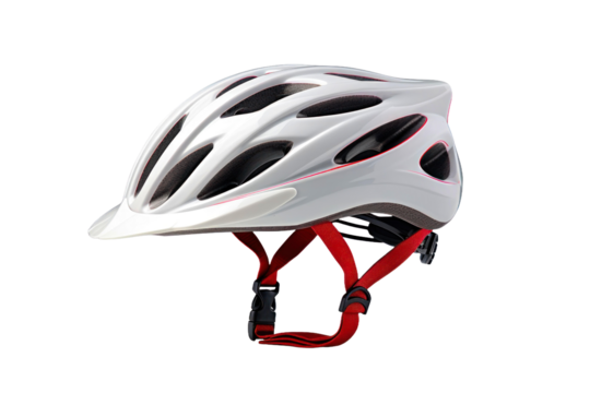 This bicycle helmet features a white exterior and red straps, ensuring protection and style for cyclists of all levels.