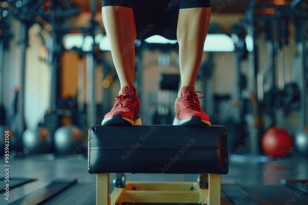 Poster a person exercises on a gym bench, with equipment and mirrors surrounding them