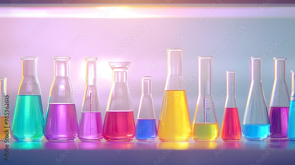 Aufkleber a row of colorful flasks on a laboratory shelf