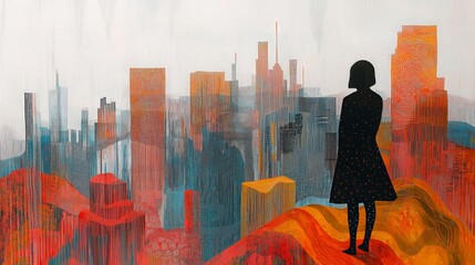 Fototapeta premium An abstract graphic illustration featuring a lone silhouette gazing at a vibrant, textured cityscape under streaked skies, evoking themes of reflection and urban beauty.