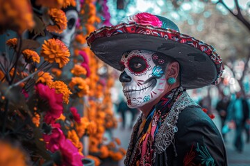 A person wearing somber attire and a hat, likely for a formal or mourning occasion