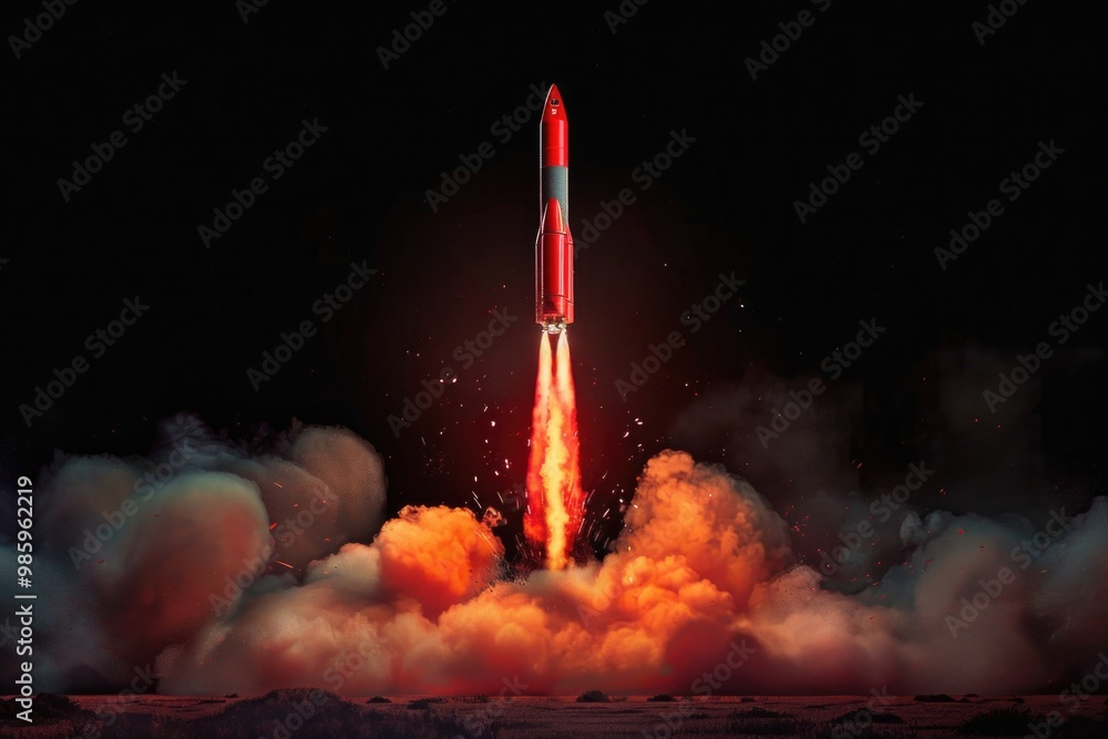 Poster a high-powered rocket blasting off into the sky with thick white smoke trailing behind