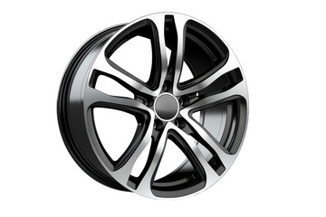 A sleek alloy wheel features a contemporary design with a combination of black and chrome finishes,...