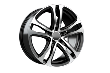 A sleek alloy wheel features a contemporary design with a combination of black and chrome finishes, perfect for upgrading a car's look.
