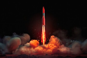 A high-powered rocket blasting off into the sky with thick white smoke trailing behind