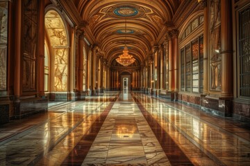 A long hallway with ornate chandeliers, great for interior design or luxury settings