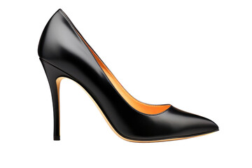 Obraz premium A stylish black high heel shoe with a pointed toe and shiny surface, ideal for adding sophistication to evening wear or business attire.