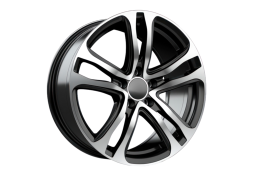 A sleek alloy wheel features a contemporary design with a combination of black and chrome finishes, perfect for upgrading a car's look.