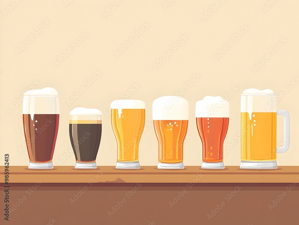 Poster assorted beer glasses of various types and sizes displayed on a wooden table in a flat design the im