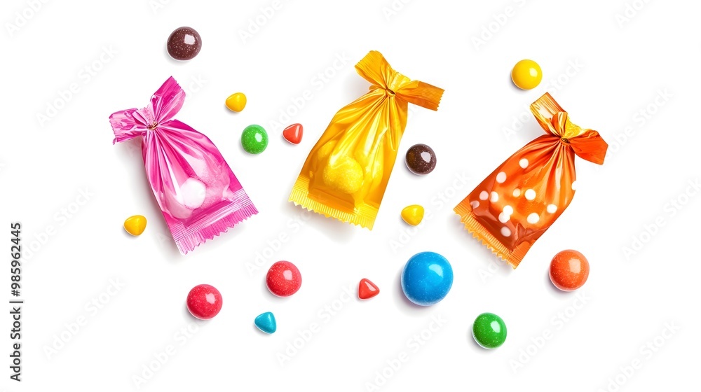 Poster assorted candy wrappers in various shapes colors and patterns with candies spilling out against a cl