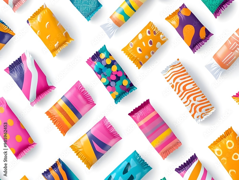 Poster Assorted candy wrappers showcasing a variety of vibrant  colorful  and dynamic patterns against a clean white backdrop in a flat design style  creating a visually captivating and playful composition