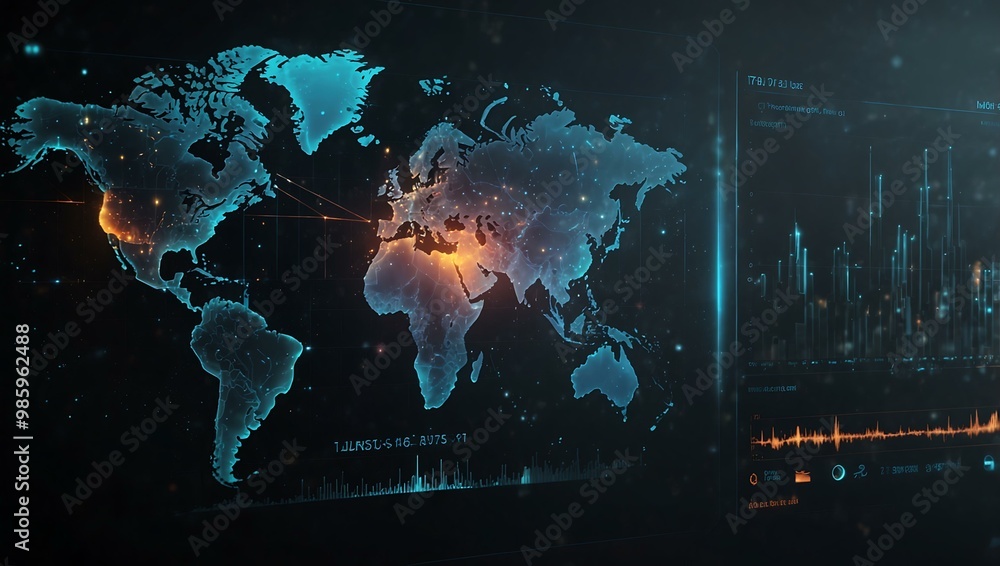 Poster futuristic user interface with glowing data points.