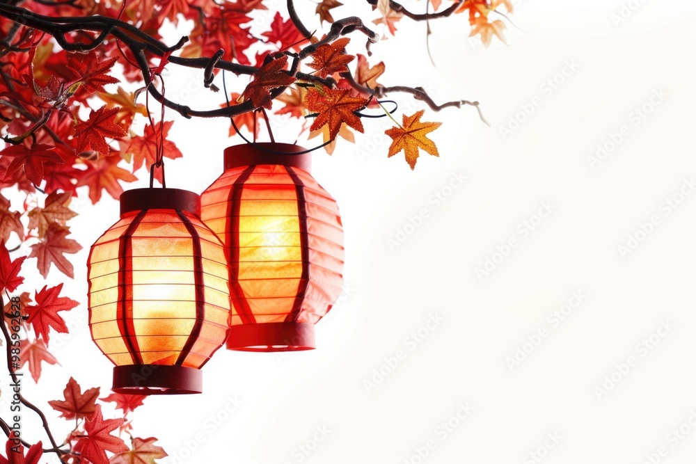 Aufkleber A pair of red lanterns suspended from a tree branch, ideal for decorating outdoor spaces or adding a pop of color to your design