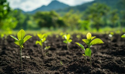 Green saplings growing in rich dark soil.