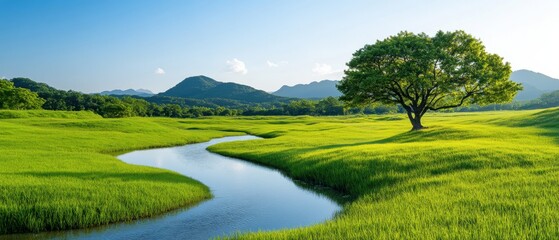 Naklejka premium Idyllic Landscape with River, Hills, and Peaceful Atmosphere
