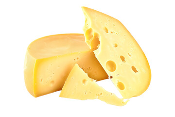 A wedge of cheddar cheese with a section removed, displaying its smooth surface and characteristic holes, set against a clean white backdrop.