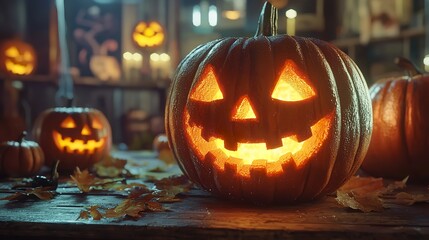 Fototapeta premium Halloween pumpkin with lantern on wooden. Generative Ai.