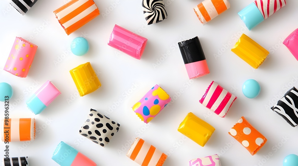 Poster assortment of colorful and playful candy wrappers with various geometric patterns and designs scatte