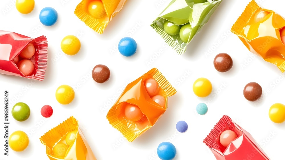 Poster assortment of colorful open candy wrappers with spilled sweets on white background flat design of va