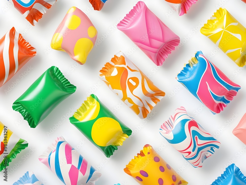 Poster assortment of colorful candy wrappers arranged in a flat lay design on a white background showcasing