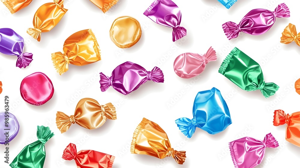 Poster assortment of vibrant candy wrappers with shiny metallic foil textures arranged on a clean white bac