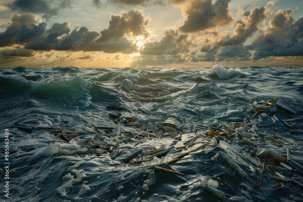 Poster trash and waste floating on the surface of a body of water, highlighting environmental pollution con