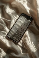 A cell phone sits on a bed covered in water droplets, great for representing a flooded room or a bathroom scene