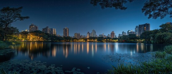 Fototapeta premium Nighttime Lake Landscape with City Skyline Reflections