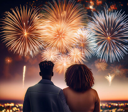 Um casal de namorados de costas, apreciando a queima de fogos de artif&iacute;cio no c&eacute;u noturno.