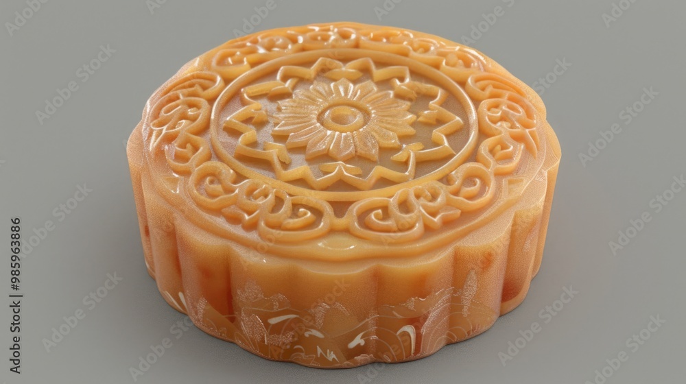 Poster A close-up view of a round carved object sitting on a gray surface