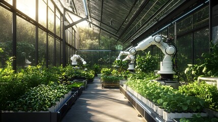 Automated Greenhouse with Robotic Arm Tending to Lush Indoor Plants