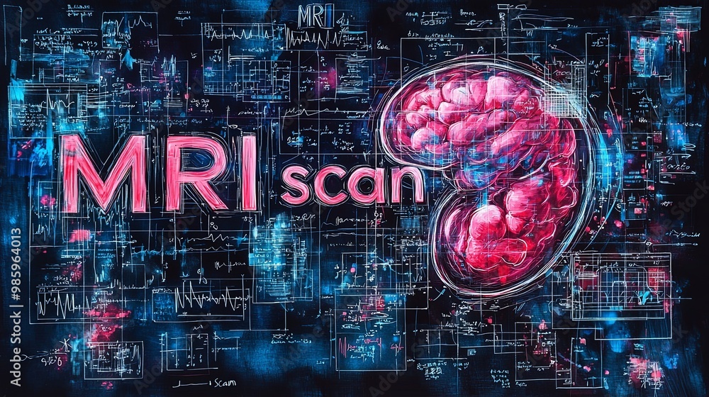Poster artistic representation of mri scan with vibrant colors and data charts