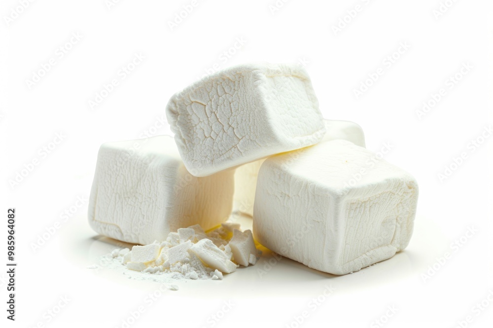 Poster a stack of fluffy marshmallows on a clean white surface