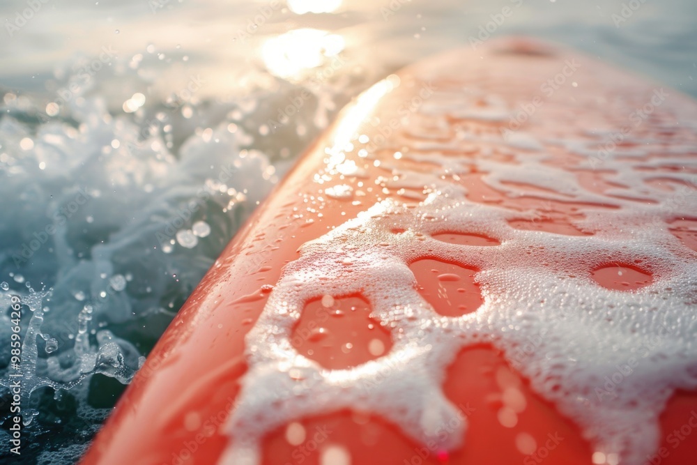 Poster A close-up view of a surfboard floating in the ocean, suitable for use in travel or adventure-themed projects