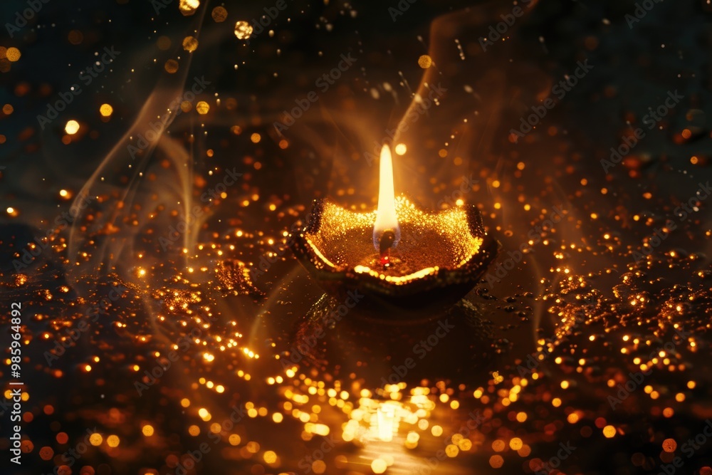 Poster a candle with a warm glow and gold sparkles on the table