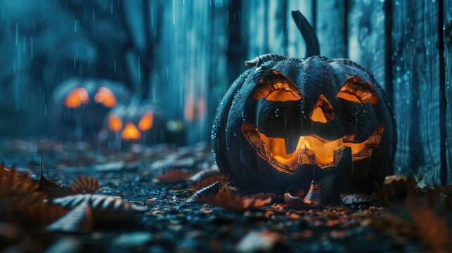 A Halloween pumpkin sitting on the ground in the rain, perfect for autumnal or spooky themes