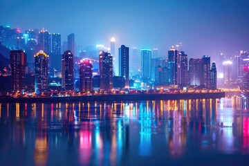 Obraz premium Nighttime city view from the water with buildings and lights reflected in the calm sea