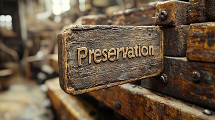 Rustic wooden sign with the word preservation in focus