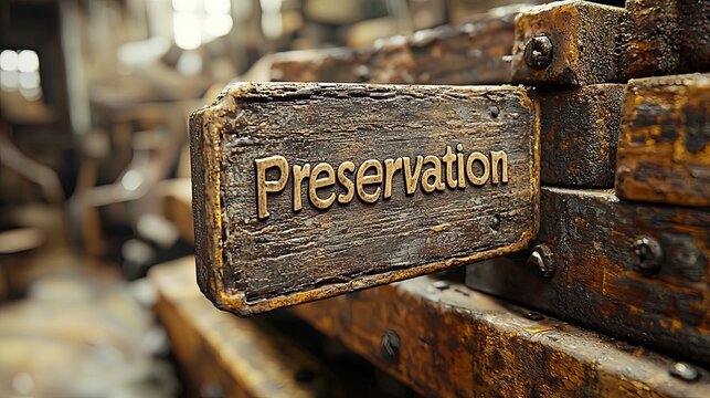 Rustic wooden sign with the word preservation in focus