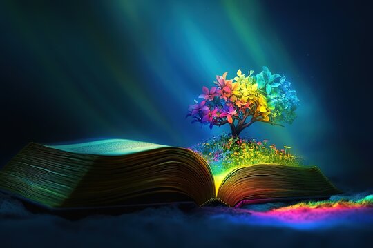 Open book in autumn leaves. Vintage style book illustration for design, print or background. Watercolor education, school design
