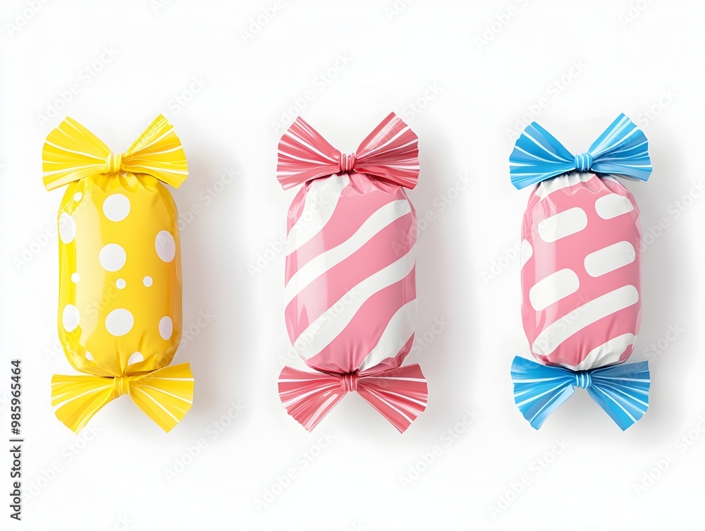 Poster beautifully designed minimalist candy wrappers showcasing vibrant geometric patterns and color schem