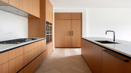 Modern kitchen with wood cabinetry and marble countertops