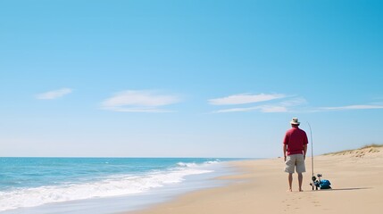 Serene Surf Fishing at the Beach - Angler Patiently Waiting by the Waves with Fishing Gear Capturing the Tranquility of Coastal Fishing Adventures